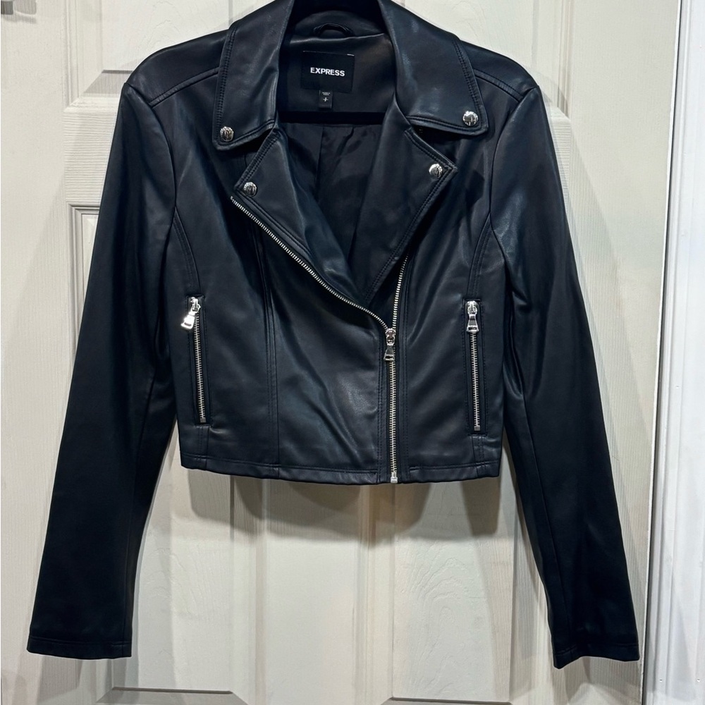 Express Cropped Black Leather Moto Jacket